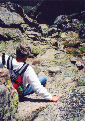 Dad descends the Pomola side of the Chimney.