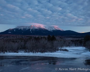 "First Light on the Greatest Mountain" - Sunrise on Katahdin from Abol Bridge. Maine.