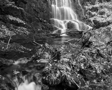 "An Ascutney Autumn in Grayscale" - A seasonal waterfall on Mt. Ascutney flows strong during a fall rainstorm.