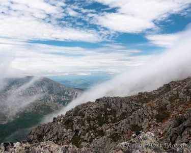 "Wind" - The windy conditions are visually apparent here as it funnels clouds through the Chimney, as seen from the Knife Edge.