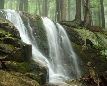 "Little Cascade Falls 1" - Little Cascade Falls drops down from the foggy forest along the Weathersfield Trail (Mt. Ascutney).