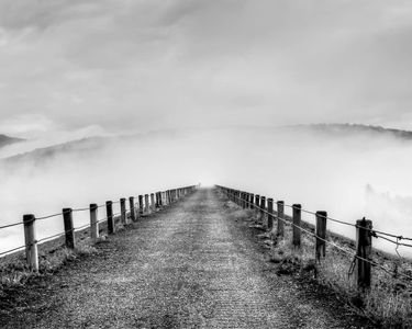 "Into the Fog": The Waterbury Dam leads into a cloud rising from the Waterbury Reservoir. Waterbury, VT.