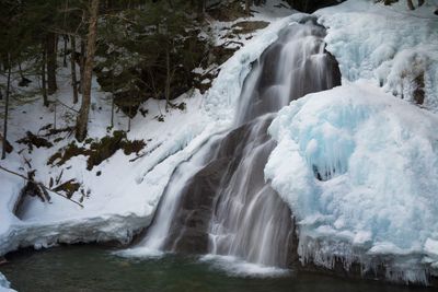 Moss Glen Falls in Granville, VT unfreezes but is flanked by blue ice.
