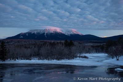 "First Light on the Greatest Mountain" - Sunrise on Katahdin from Abol Bridge. Maine.